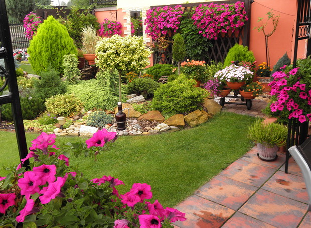 Skalniak z lustrem na ścianie /dzieło męża, projekt  mój / pergolą, na której zawisły skrzynki z surfiniami :) Z boku skalniaka stoi rowerek na kwiaty i to również dzieło męża :)