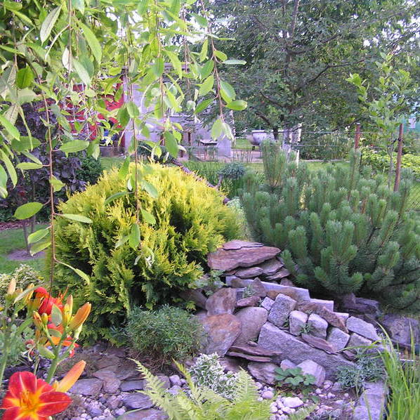 Mała kaskada nad oczkiem wodnym.