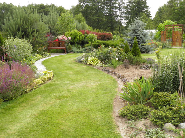 połączyłam niedawno dwie rabaty w jedną i myślę nad nasadzeniami, w tle widac folię z pomidorami i paprykami, mam dłuuugi ogród i trzeba było go podzielić, w drugiej części jest warzywniak i sad, wejście jest pod pergolą, gdzie rośnie glicynia i 2 róże - 