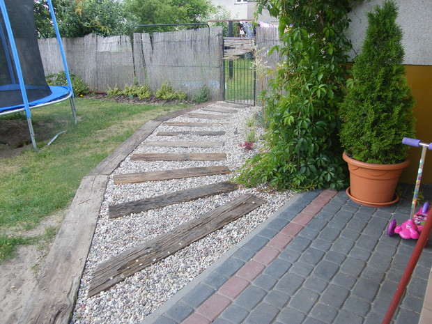 ścieżka na podwórko z widocznym winobluszczem
