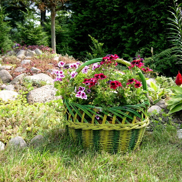 Stary koszyk wiklinowy pomalowany w dwóch odcieniach.