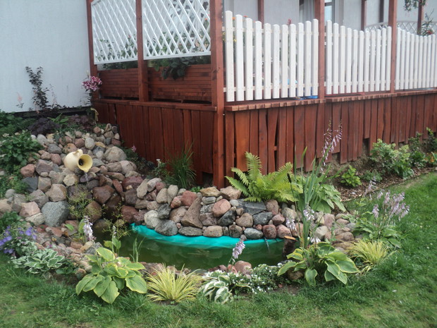 Zafascynowani górami, zbudowaliśmy z mężem w tym roku kaskadę z oczkiem wodnym. Górę usypałam z darniny, którą musiałam wykopać, gdy tworzyłam poprzednie aranżacje. Na szczycie kaskady honorowe miejsce zajmuj pęcherznica. Poza tym rosną  tu żurawki i tawu