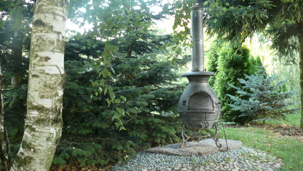 Grill usytuowany przy kąciku brzozowym, oraz w sąsiedztwie świerków.