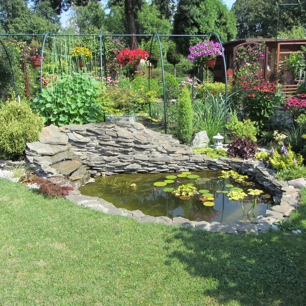 Oczko wodne a za nim część warzywna ogrodu, urozmaicona wiszącymi kwiatami jednorocznymi.