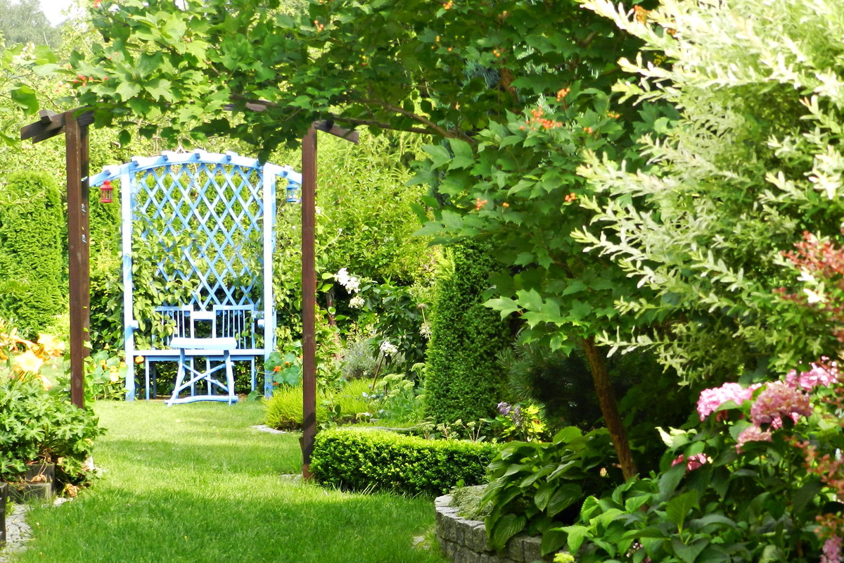 Pergola spełniająca funkcję drzwi do ogrodu.