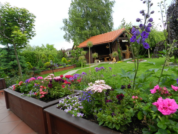 Przyjemny widok z tarasu na ogród i altanę.