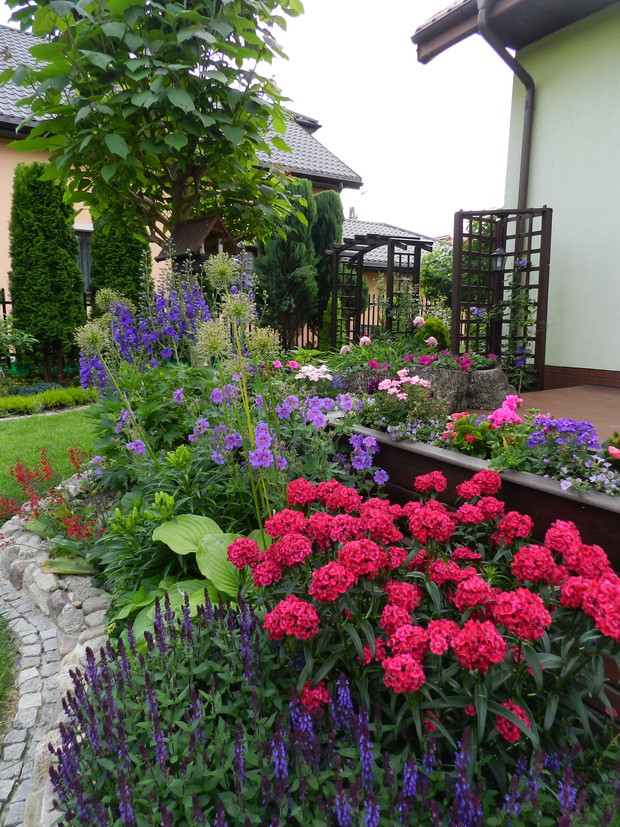 Rabata przy tarasie w odcieniach różu i błękitu.