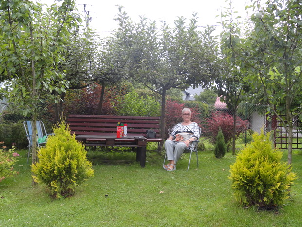 Jabłonie, śliwa i grusze dają cień nad miejscem do odpoczynku