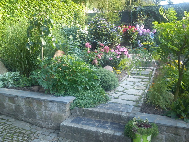 wejscie w kierunku kaskad z hortensjami