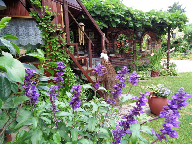 Zostało  rozbudowane przy altance przez mojego męża  - kuchni ogrodowej  połączonej z piecem , jego dziełem są wszystkie konstrukcje drewniane  i murowane sam je projektuje i wykonuje za co mu jestem bardzo wdzięczna.