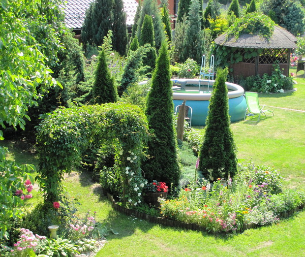 Fragment ogrodu widziany  z tarasu.