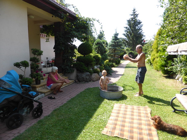 Raz, dwa, trzy - rzucasz do mnie Ty!

Marcelek podczas upałów uwielbia chłodzić się w balii a dziadkowie dotrzymują mu towarzystwa :)