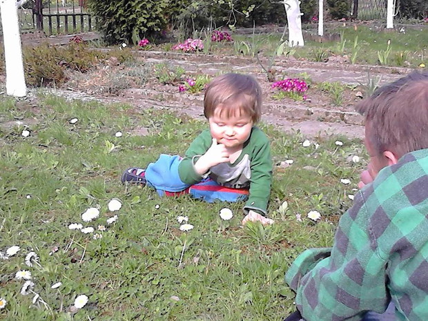 wąchamy stokrotki z dziadziusiem :)