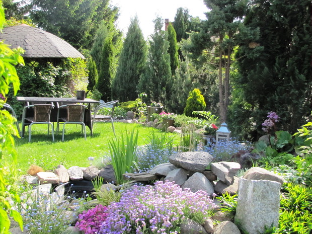 Żagwiny, niezapominajki i tojeść rozesłana, wiosną pokrywają skalniak.