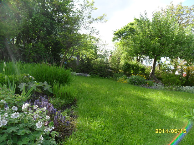 Kocham kwiaty ale jest też trawnik, żeby dzieci mogły się bawić w ogrodzie.