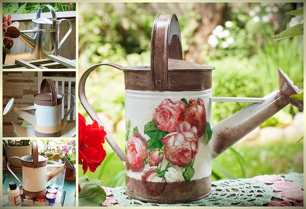 wymysły własne do ogrodu - konewka decoupage