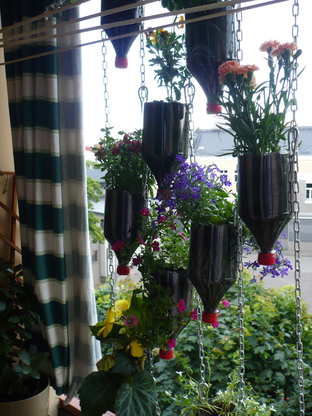 ekologia na balkonie kwiatki w butelkach plastikowych