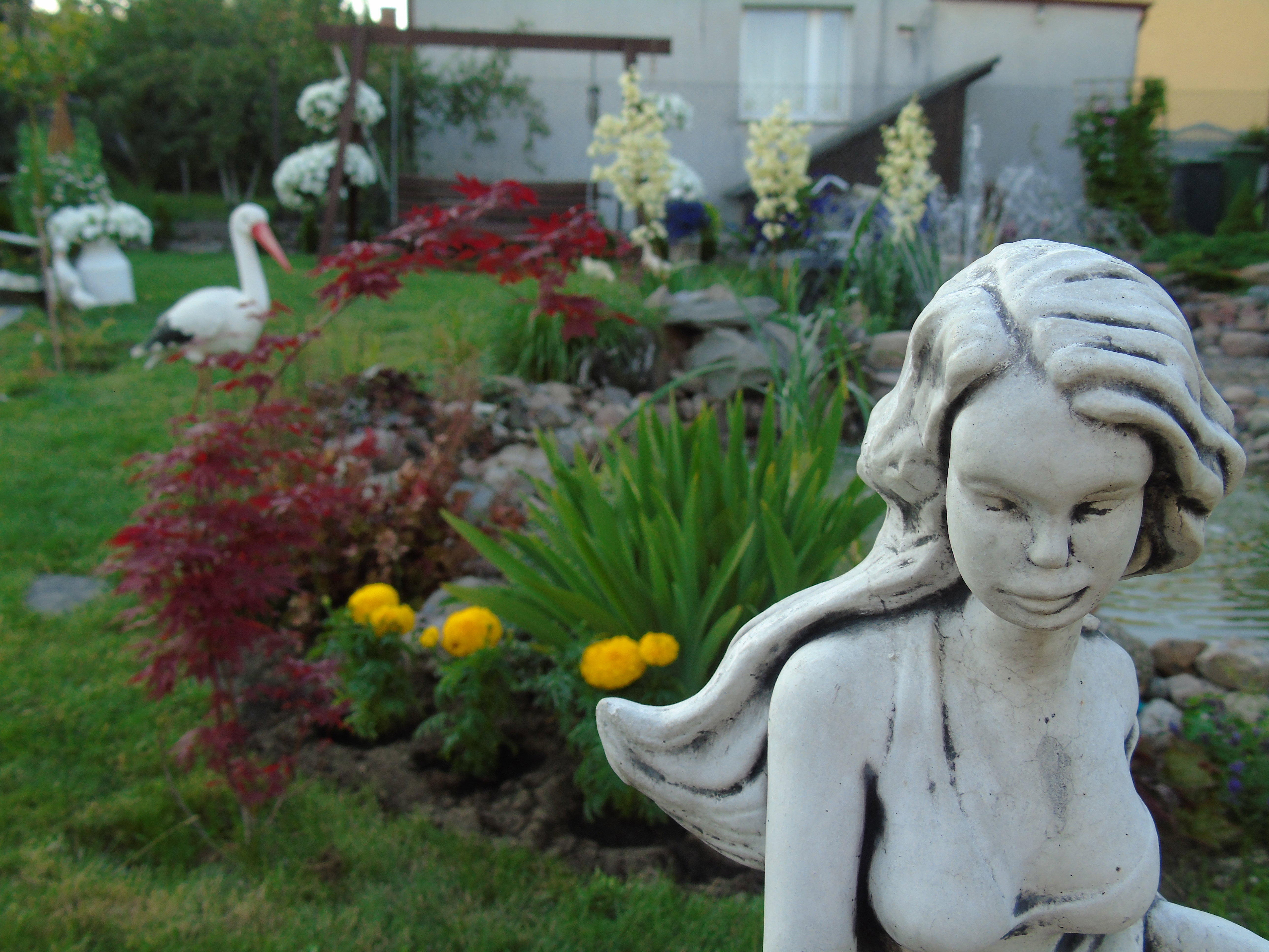 Figurka kobiety, w tle żółte aksamitki i klon acer palmatum.