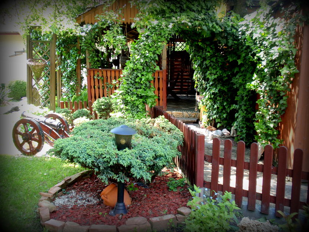 wejście do ogrodu i na wprost drewniana altana