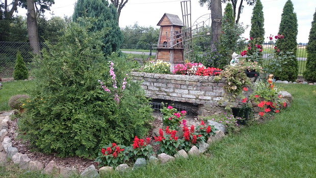 Wiatrak w towarzystwie wielu kwiatów