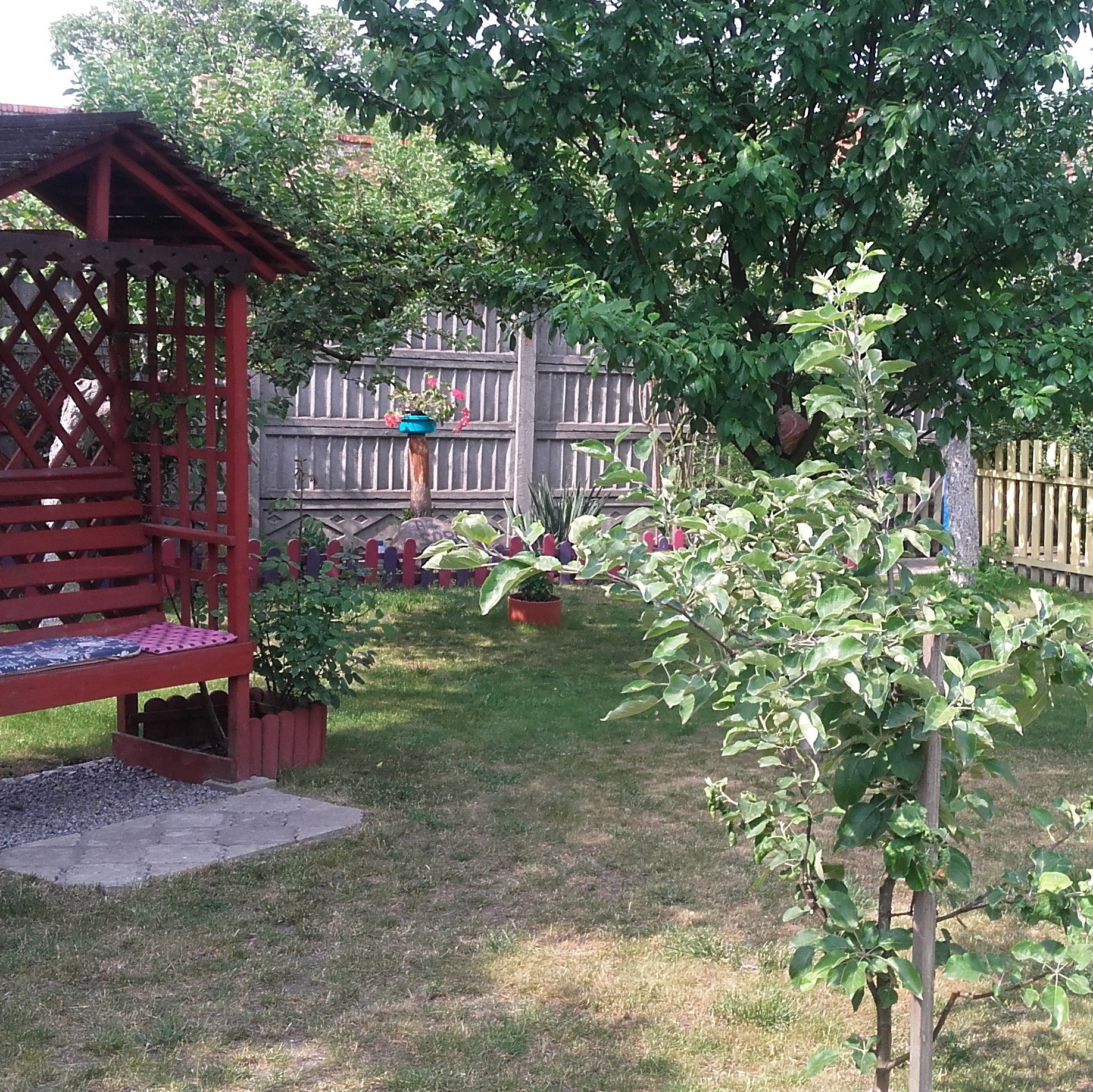 chwila relaksu wśród jabłoni i mała ławeczka wykonana przez mojego męża