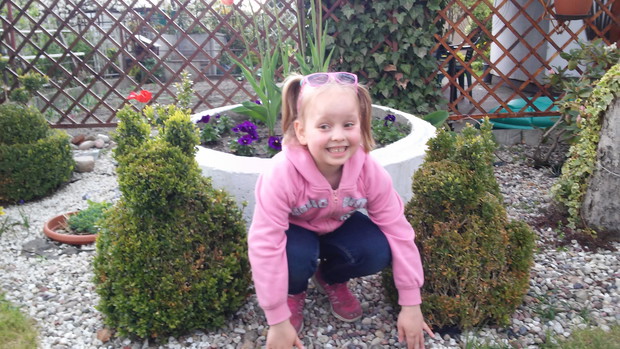 Ania przycupnęła przy kotkach z bukszpanu, jeden to Pucek, drugi to Angus