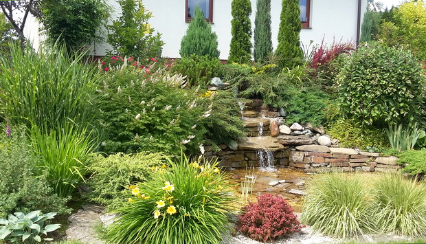 Oczko wodne z kaskadą jest atrakcyjnym elementem części wypoczynkowej ogrodu.