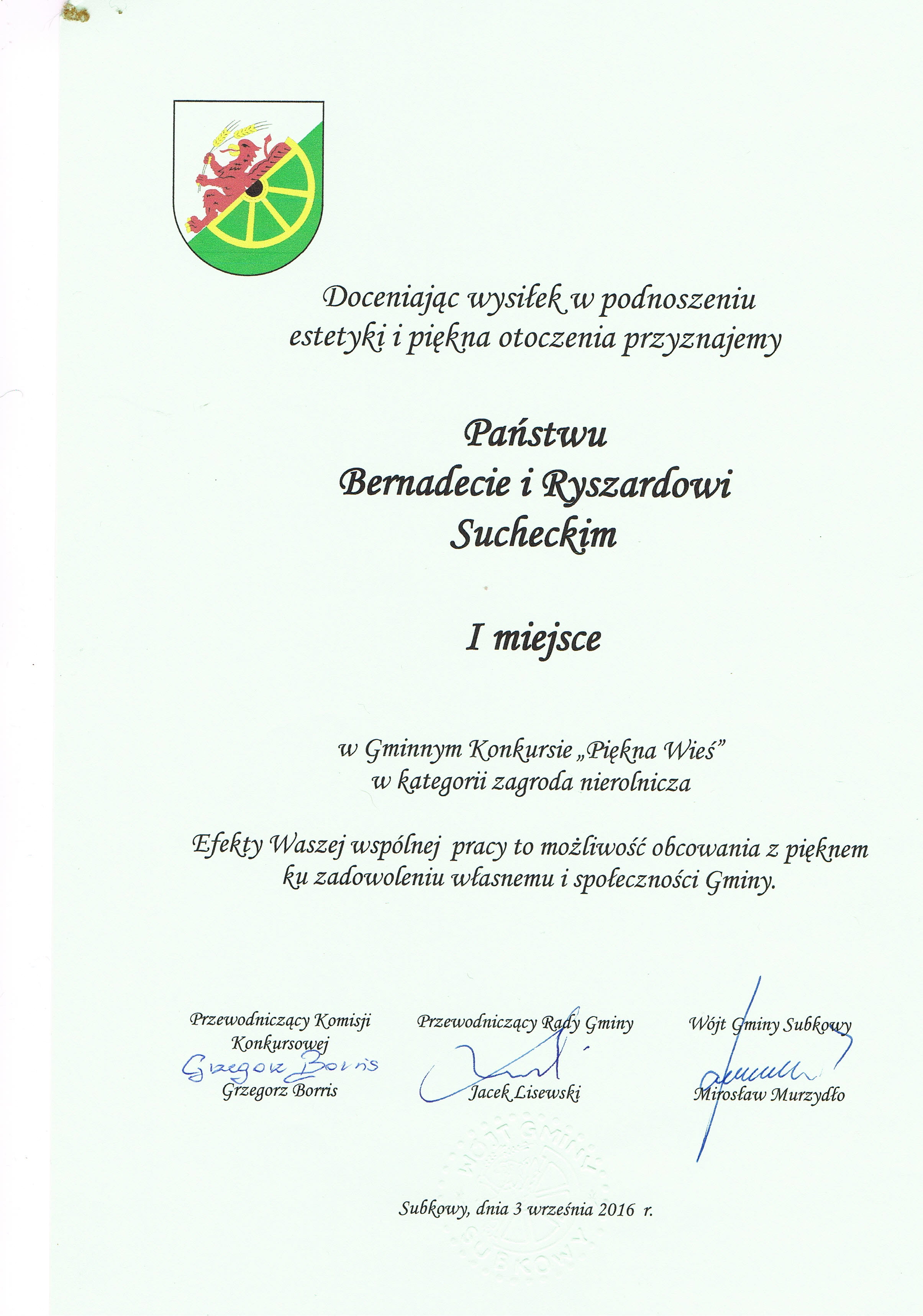 Pierwsze miejsce w Gminnym  konkursie  " MÓJ PIĘKNY OGRÓD "