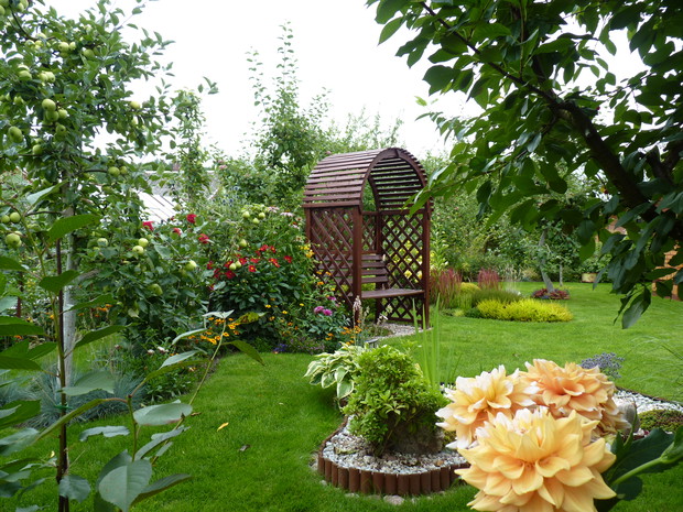 Rabaty przy pergoli.