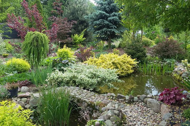 Najstarsza część ogrodu- za altaną, okolice stawku. Rabaty i stawek stworzone z długo zbieranych polnych kamieni.