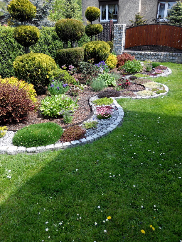 Skalniak z lewej części domu. Kolekcja roślin skalnych i krzewów ozdobnych.