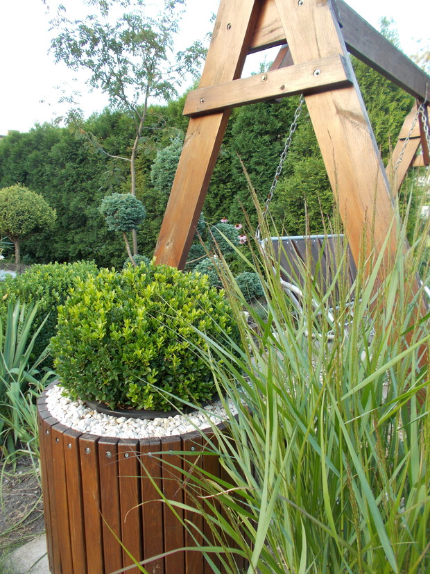 Drewniana donica powstała przy wykorzystaniu bębna od pralki.