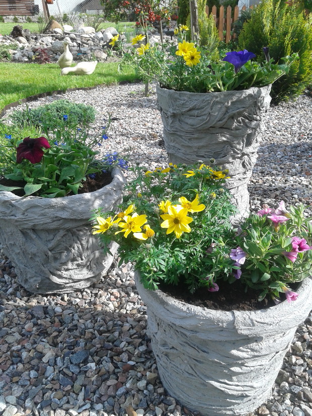 Kompozycje kwiatowe w własnoręcznie wykonanych donicach.