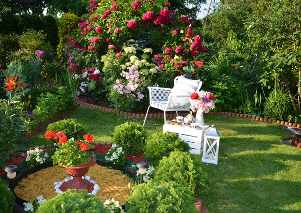 Jednym z naszych  bardzo ulubionych miejsc w ogrodzie jest to miejsce. Otoczone bzami, różami, hortensjami, które przyciągają wzrok i tworzą wyjątkową atmosferę -  to wygodne miejsce na odpoczynek i obserwowanie, a nie być obserwowanym.