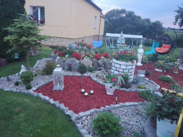 Kora czerwona polaczona z kompozycją kamieni 