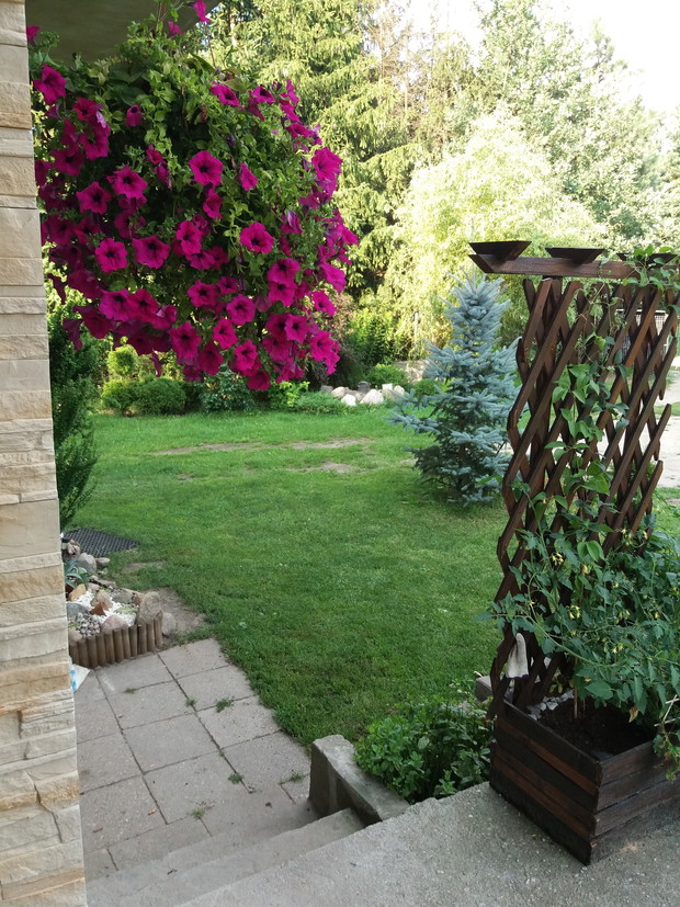 Zakątek wydzielony na drewniane pergole.