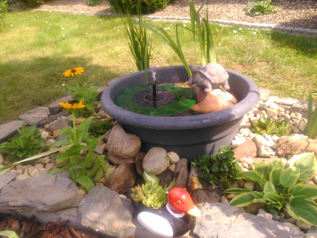 Miniaturowe oczko wodne stworzone w zwykłej doniczce zdobi solarna pompka.