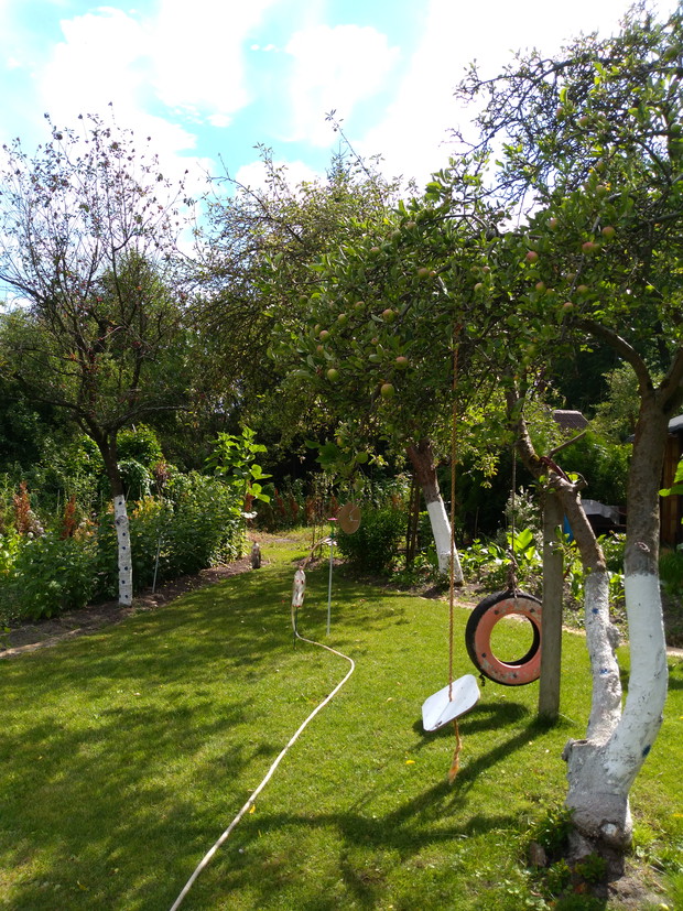 Plac zabaw dla dzieci za grosze - powieszona opona i deseczka. Czyli jak niewielkim kosztem zrobić z ogródka plac zabaw.