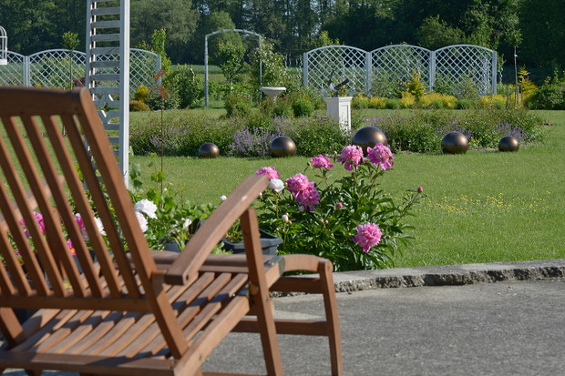 Widok z tarasu na wiosenne piwonie. W tym roku pięknie rozkwitły.