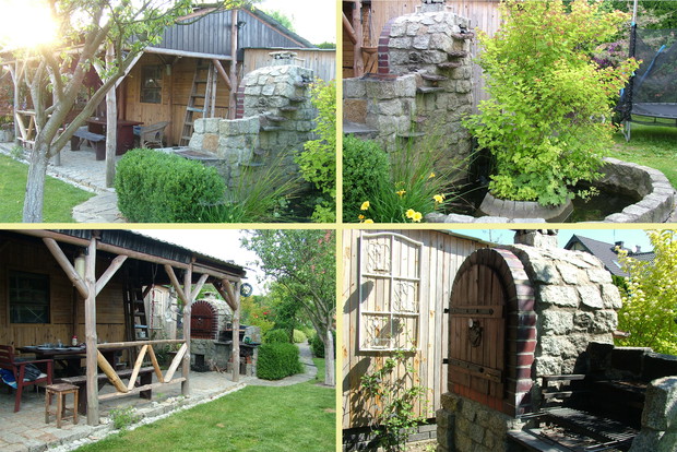 Cztery ujęcia jako całość przód i tył grillo wędzarni wraz z tarasem