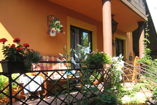 Kącik wypoczynkowy. Dominują nasadzenia w donicach ( werbeny oraz inne ) jak również piękne białe lilie wsadzone na skarpie przy barierce ( właśnie zaczynają pojawiać się ogromne białe kwiaty ).