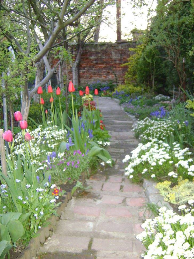 Pierwiosnki, żagwiny i gęsiówka, rośliny cebulowe takie jak tulipany oraz szafirki rozjaśniają ten zakątek pod jabłonkami. 