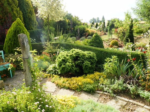 Ścieżka do stołu i widok na dalszą część ogrodu.