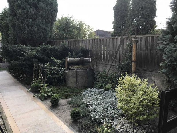 stara studnia i pompa wśród zieleni.