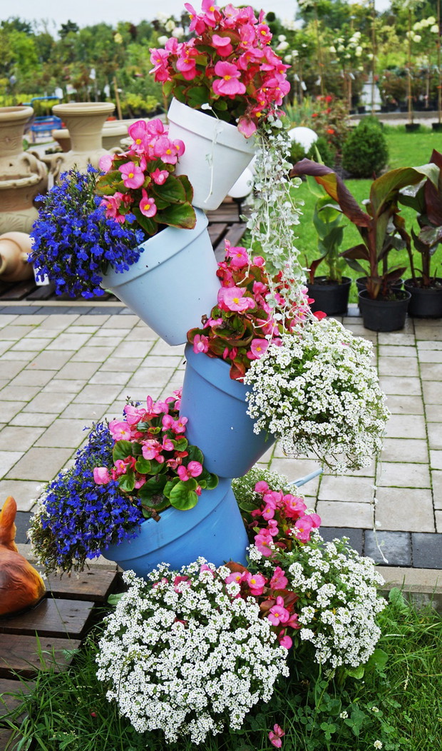 Kaskada z donic obsadzona begonią, smagliczką oraz lobelią