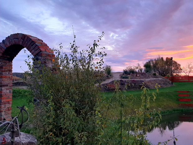 Nad stawkiem kolorowe niebo.