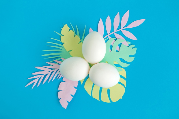 Top view of eggs with multicolored tropical leaves made of paper
