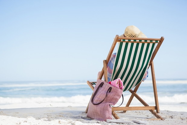 plaża, leżak, kobieta, torba plażowa