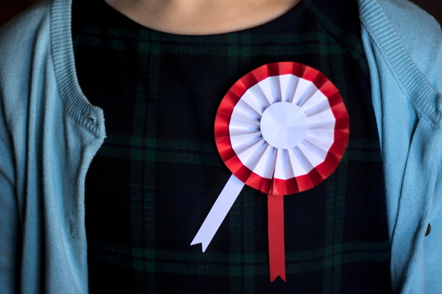 A cotillion in the national colors of Poland, pinned to the girl