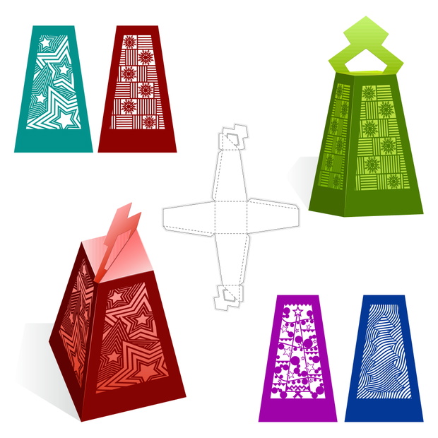 Set of Retail gift boxes  with christmas tree, snowflakes. Cardboard Die Cut. Blueprint template 3D preview. Vector image on transparent background.